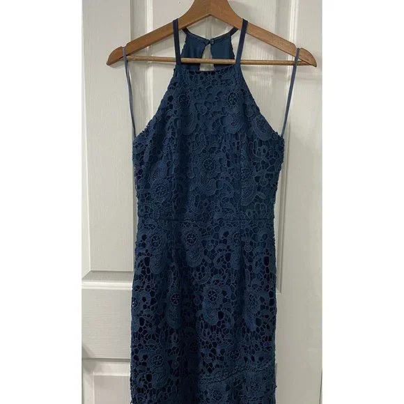 Francescas Navy Blue Halter Dress Small Mid Thigh Length Thick Floral Lace